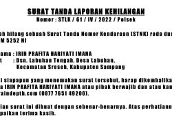 BERITA KEHILANGAN: STNK Nopol M 5254 NI Atas Nama Irin Prafita Hariyati Imana